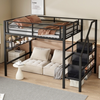 Hochbett mit Lattenrost, 140x200 cm, Metallbett mit Rausfallschutz, Regal, Treppe, Jugendbett, Kinderbett