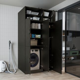 Roomart Waschmaschinenschrank - SERIE DORA-2- 115 cm breit – Waschturm für Waschmaschine & Trockner mit Regalböden – Überbauschrank für Waschküche & Hauswirtschaftsraum – mit Aufsatzschrank - 1x Regalböden - Schwarz Eiche