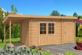 Alpholz Pultdach Gartenhaus Maria mit Anbau & Schleppdach Gartenhaus aus Holz in Pinie Holzhaus mit 40 mm Wandstärke inklusive Schleppdach Blockbohlenhaus mit Montagematerial