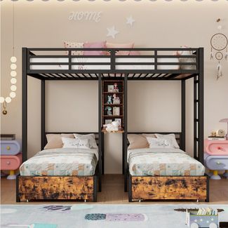 Flieks Etagenbett, Metallbett Dreierbett 90/140x200cm mit Staufächern und 2 Schubladen