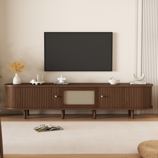 Merax 180 cm Ovaler TV-Ständer in Nussbaum dunkel, Rattan-Design - MDF-Design, verstellbare Füße, 30 kg Belastbarkeit