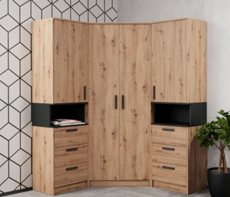 Marmex Möbel Grant 17A Ein Garderoben-Set, Mehrzweckschrank-Set ,Flur, Schlafzimmer, Eckschrank-Set, laminierte Spanplatte, artisan Eiche + schwarz, 143x195x143 cm