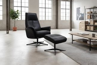 KAWOLA Relaxsessel JOSIANE Lederfaserstoff schwarz Komfort Drehsessel, 360° drehbar, Relaxfunktion, Kopfstütze, inklusive Fußhocker