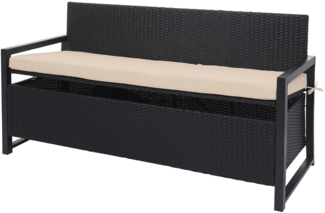 Mendler Poly-Rattan 3er Sitzbank HWC-F39, Gartenbank Truhenbank, Staufach Aufbewahrung Sitzkissen ~ anthrazit, Kissen beige