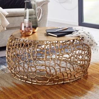 Couchtisch Metall 66 x 66 x 30 cm Sofatisch Aluminium Rund | Design Wohnzimmertisch mit Ast-Struktur | Kleiner Kaffeetisch Modern | Beistelltisch Anstelltisch Wohnzimmer gold