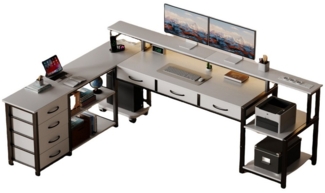 BBWL Computertisch Computer Schreibtisch aus P2 Spanplatte mit 7 Stoffschubladen (stabilem Metallgestell, RGB LED Beleuchtung, Steckdose 3AC+2USB und flexiblem PC-Ständer für Büro & Gaming)