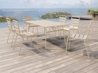 Vente-unique - Garten-Essgruppe: Tisch L. 160 cm + 2 stapelbare Sessel + 4 stapelbare Stühle - Metall - Beige - MIRMANDE von MYLIA