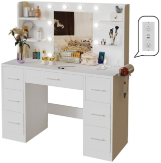 HOMALL Schminktisch Mit Spiegel LED-Beleuchtung Mit 7 Schubladen 4 Fächer (Extra großes Format 110*40*137 cm mit 2 Steckdosen, 2 USB-Anschlüssen, 1 Haartrocknerhalterung, erhältlich in zwei Farben (ohne Hocker)
