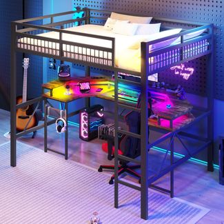 Hochbett mit RGB LED-Streifen, Schreibtisch, Monitorständer, Lattenrost, Rausfallschutz, Steckdosen, USB, Type-C, 140x200 cm, Metallbett, Kinderbett