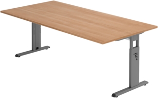 bümö höhenverstellbarer Schreibtisch O-Serie 200x100 cm in Nussbaum, Gestell in Graphit - großer PC Tisch für's Büro manuell höhenverstellbar, Computertisch verstellbar, OS-2E-N-G