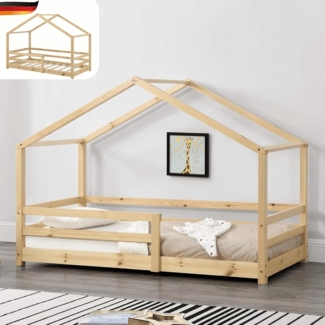 DELUKE® Kinderbett 90x200 cm TRUDA - mit Lattenrost und Fallschutz Kiefernholz Haus-Design Einzelbett Hausbett Kinderzimmer Bodenbett Montessori Bett Braun