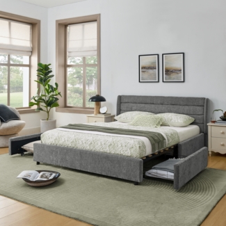 Doppelbett 140x200 cm Dunkelgrau mit 4 Schubladen, Chenille Bezug, stabiles Bettgestell aus Holz und Metall, Stauraumbett