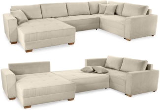 WOHNLANDSCHAFT Schlaffunktion Bettkasten Wellenunterfederung, spiegelverkehrt montierbar U-Form B379/T227/H86 cm, Cord Beige Grau