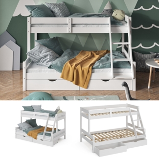 VitaliSpa Hochbett Kinderbett Spielbett Everest Weiß modern 120x200 Massivholz Kinderzimmer Bett Lattenrost Bettleiter Kletterbett Doppelbett Geschwisterbett Bettschublade Rollschublade