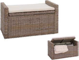 Sitzbank M92 Garderobenbank Bank Sitzhocker, mit Stauraum Kissen Kubu Rattan 88cm ~ grau-braun