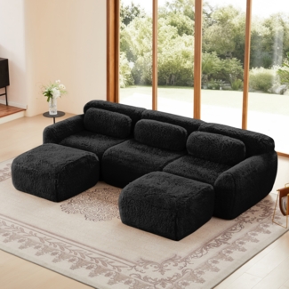Boneless Cloud Sofa Plüsch, modulare U/L-Form, 32D Schaumstoff, körperumarmend, mit Kissen und 2 Ottoman, kein Aufbau,72h Entfaltung,Schwarz
