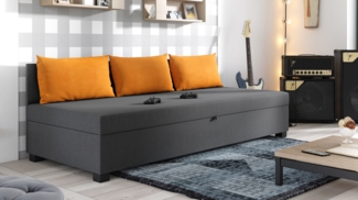 Schlafsofa Misti III - Einzelbett mit Kissen, Sofa mit Bettkasten, Bettsofa, Farbauswahl, Bettgestell, Komfortbett, Bett für Jugendzimmer, Schlafmöbel (Graphit + Orange (Lux 06 + Lux 09))