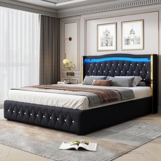 Polsterbett 160x200 mit LED-Beleuchtung & Stauraum, Samt Bett mit hydraulischem Liftsystem, Doppelbett,Schwarz