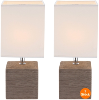 Nachttischlampe 2er Set Braun Lampenschirm Tischlampe Stoff Weiß Keramik eckig