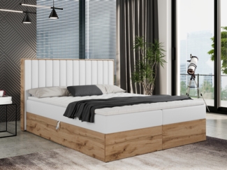 Boxspringbett mit dekorativem Kopfteil und zwei Bettkästen, Eiche Holzrahmen - ALBERO 4 - 200x200 cm - Weiß Kunstleder - H3