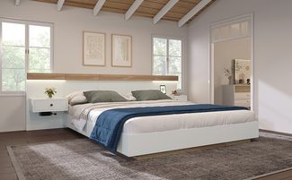 Schwebebett Holzbett mit 2 LED-Nachttischen & USB-Anschluss, 160x200 cm, Eiche/Weiß, ohne Matratze