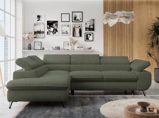 Ecksofa mit Bettfunktion, Modern Sofa, L-form, Einstellbare Kopfstützen, Bettkasten, PETER, 1x Ecksofa, Grün, Boucle, links