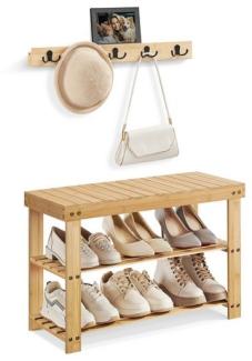 Songmics Schuhbank Wandgarderobe Set, Schuhregal mit Sitzfläche, multifunktional, 5 Zweifach-Metallhaken, Schuhbank mit 3 Ebenen aus Bambus, für Flur Schlafzimmer Wohnzimmer, naturbeige LCRDE004N01