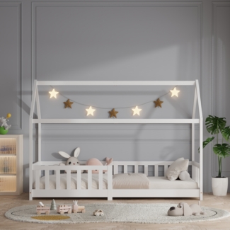 ecoMI Hausbett mit Rausfallschutz und Lattenrost, Kiefernholz weiß, 90x200 cm