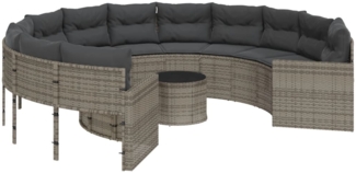 vidaXL Gartensofa mit Tisch und Kissen Rund Grau Poly Rattan 3318536