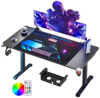 LUCKZON Gamingtisch mit LED-Beleuchtung, Kohlefaseroberfläche, Kabelmanagement-Box, Becherhalter und Kopfhörerhaken, Schwarz