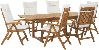 Gartentisch Set mit Kissen JAVA Akazienholz 160 220x90x74 cm Cremeweiß