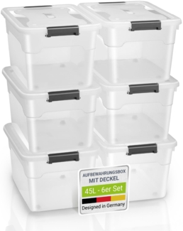 Juskys Aufbewahrungsbox mit Deckel, 6er-Set, stapelbar, Kunststoff transparent, 45 Liter
