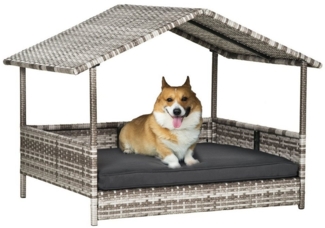 PawHut Hundehütte Rattan Hundehaus mit Kissen, Hundebett im Hausform, für kleine, mittlere Hunde, Grau