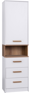 Marmex Möbel Grant 06N Standregal mit Türen geschlossen und Schubladen, laminierte Spanplatte, weiß+riviera Eiche, 52x195x40 cm
