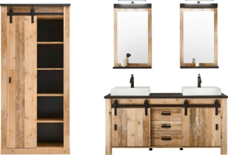 Home affaire Badmöbel-Set SHERWOOD, Bad im modernen Design, 4-teiliges Badezimmer, (4-St), in 2 Farben verfügbar, Scheunentorbeschlag & Apothekergriff aus Metall