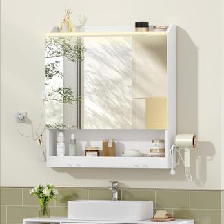 15 x 70 x 78,8 cm, Spiegelschrank Bad, Badezimmerschrank mit Spiegel, Spiegelschrank mit 3 Türen, Verstellbarer Etagen, mit Haken, für Badezimmer, Weiß