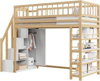 Merax Hochbett 90 x 200, Hochzaun-Sicherheitsdesign mit Kleiderschrank, Regalen und Stauraum mit Sicherheitskletterleiter, Multifunktionsbett, Massivholzbett, Holzfarbe