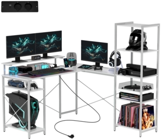 Schreibtisch Gaming Tisch L Form mit Regal, Computertisch mit Monitorständer, Steckdose, USB-Ladeanschluss Eckschreibtisch für Heimbüro, Schlafzimmer, Weiß, 137 x 140 x 139,5 cm