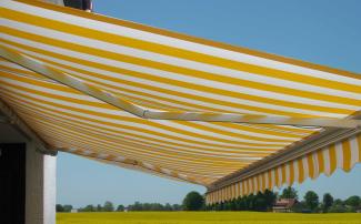 Elektrische Kassetten-Markise T124, Vollkassette Volant 5x3m ~ Polyester Gelb/Weiß
