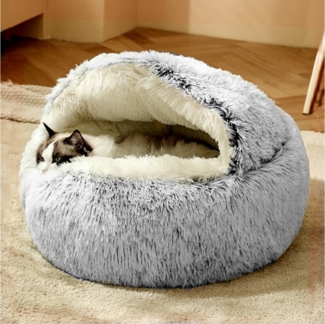 CALIYO Tierbett Flauschiges Katzenbett, rund, weiches Plüsch, Höhle mit Kapuze, Kunstpelz, Rutsch- und wasserdichte Unterseite