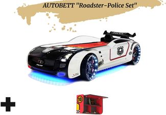 Autobett Kinderbett "Roadster Police" Schwarz Weiß LED Sound Sportsitze Lattenrost Spoiler 90x190 cm