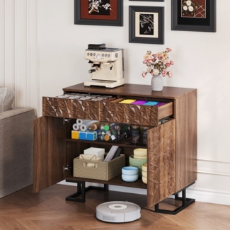 STILVORA Sideboard 80×40×78cm Beistellschrank Buffetschrank Kommode mit Metallbeine (Sideboard 80x40x78 cm – "Blattpoesie" Serie, Dunkle Walnussoptik mit Blätterrelief)