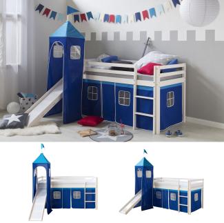 Homestyle4u Spielbett mit Turm und Rutsche, Kiefernholz blau, 90x200 cm