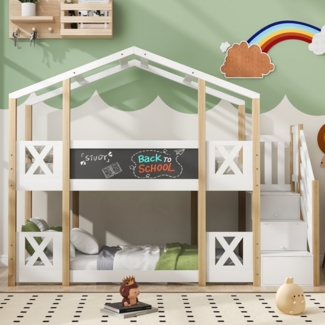 Merax Etagenbett 90x200 cm,Kinderbett Baumhaus mit Treppe Stauraum und Rausfallschutz, Hochbett für Kinder– 2x Lattenrost- Natur & Weiß