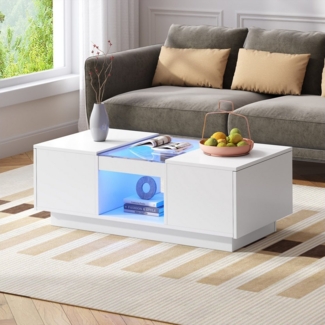 MODFU Couchtisch Hochglanz (Satztisch, Wohnzimmertisch, Beistelltisch, 1-St, doppelschichtiges Design, 2 großen Schubladen), Intelligente LED-Beleuchtung, App-Steuerung