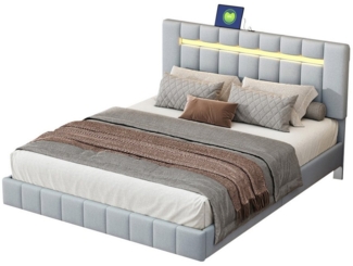 Flieks Polsterbett, LED-Beleuchtung Doppelbett Schwebebettrahmen 160x200cm Leinen