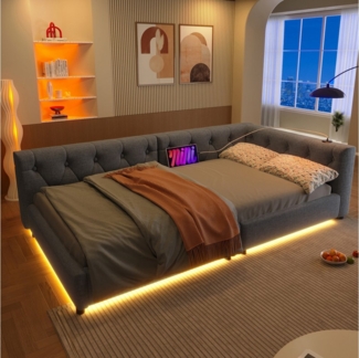 Flieks Polsterbett, LED Daybett Schlafsofa Einzelbett Tagesbett 90x200cm mit USB-Aufladen