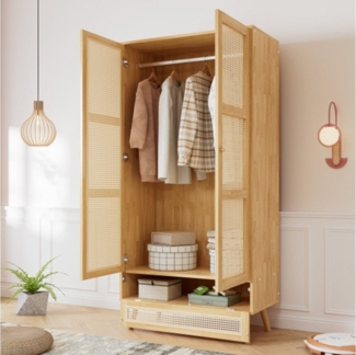 XDeer Kleiderschrank Kleiderschrank mit Stange, 2-türiger Kleiderschrank, Schlafzimmer, Rattannetz, Wohnzimmer