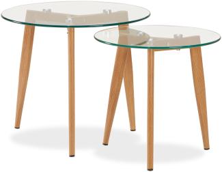 Homestyle4u Beistelltisch 2er-Set mit Glasplatte, massives Eichenholz natur, Ø50 und Ø40 cm