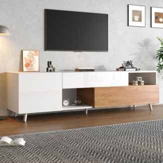 Fernsehschrank, Lowboard Schrank mit unterer Tür und 1 Schublade TV-Schrank mit 7 Ablagefächern Hochglanz-TV-Board Fernsehtisch Wohnzimmerkommode Geeignet für Fernseher um die 75 Zoll , 180 x 38 x 50 cm